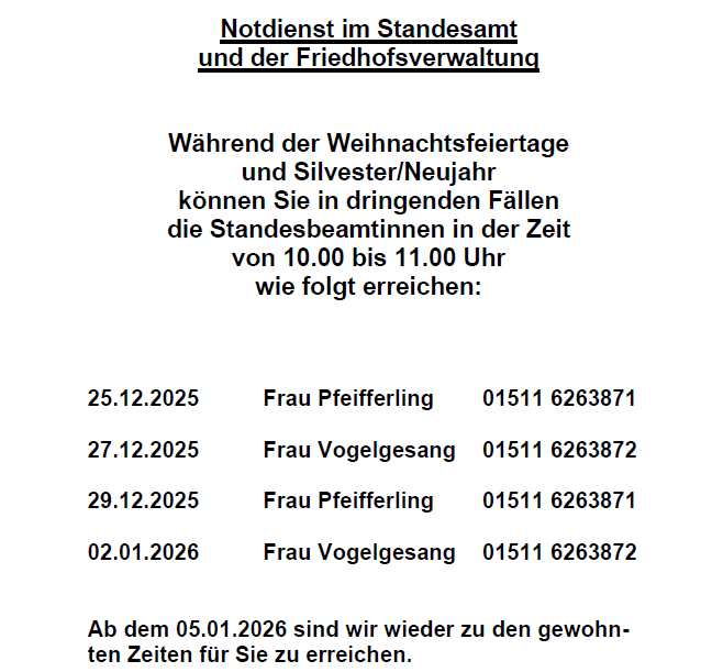 Notdienst im Standesamt/Friedhofsverwaltung